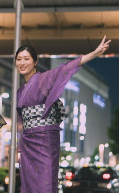 夏着物　女性　紫色　ギター柄　Mサイズ在庫特価