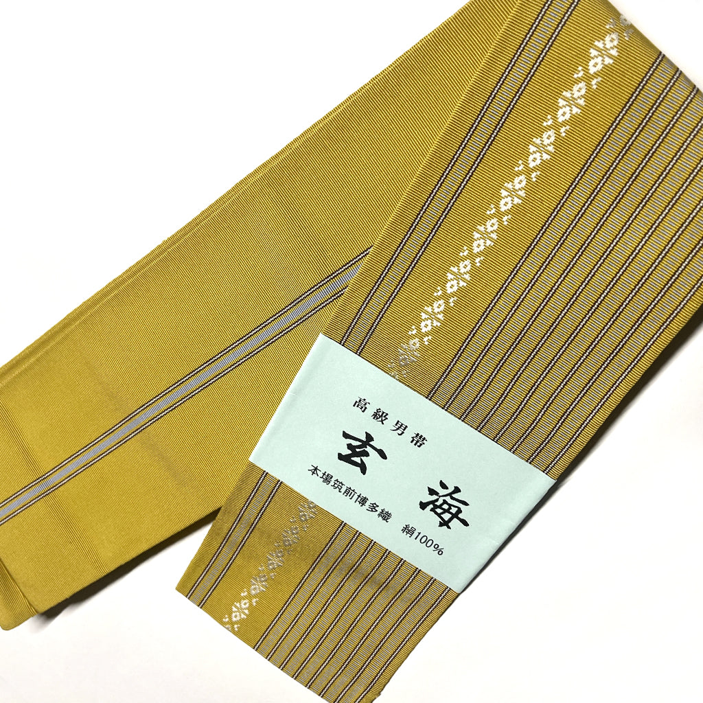 本場筑前　博多帯　男性角帯　（口とじ仕立て済） 博多献上 山吹　【送料無料】